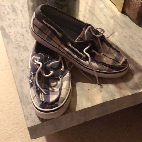 Sperry Topsiders tartan blue/white/gold good used condition 8M women’s - Picture 3 of 10